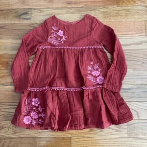 Peek Girl Tiered Dress Girls 6/7 Rust Pink Embroidered Flowers Fall Theme